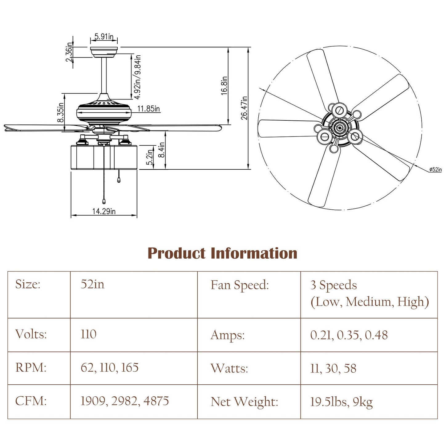 52 Inch Bronze Ceiling Fan with Clear Glass Lampshades, Reversible Blades & Pull Chain Control