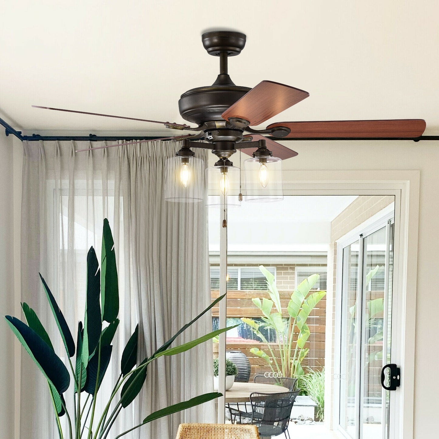 52 Inch Bronze Ceiling Fan with Clear Glass Lampshades, Reversible Blades & Pull Chain Control
