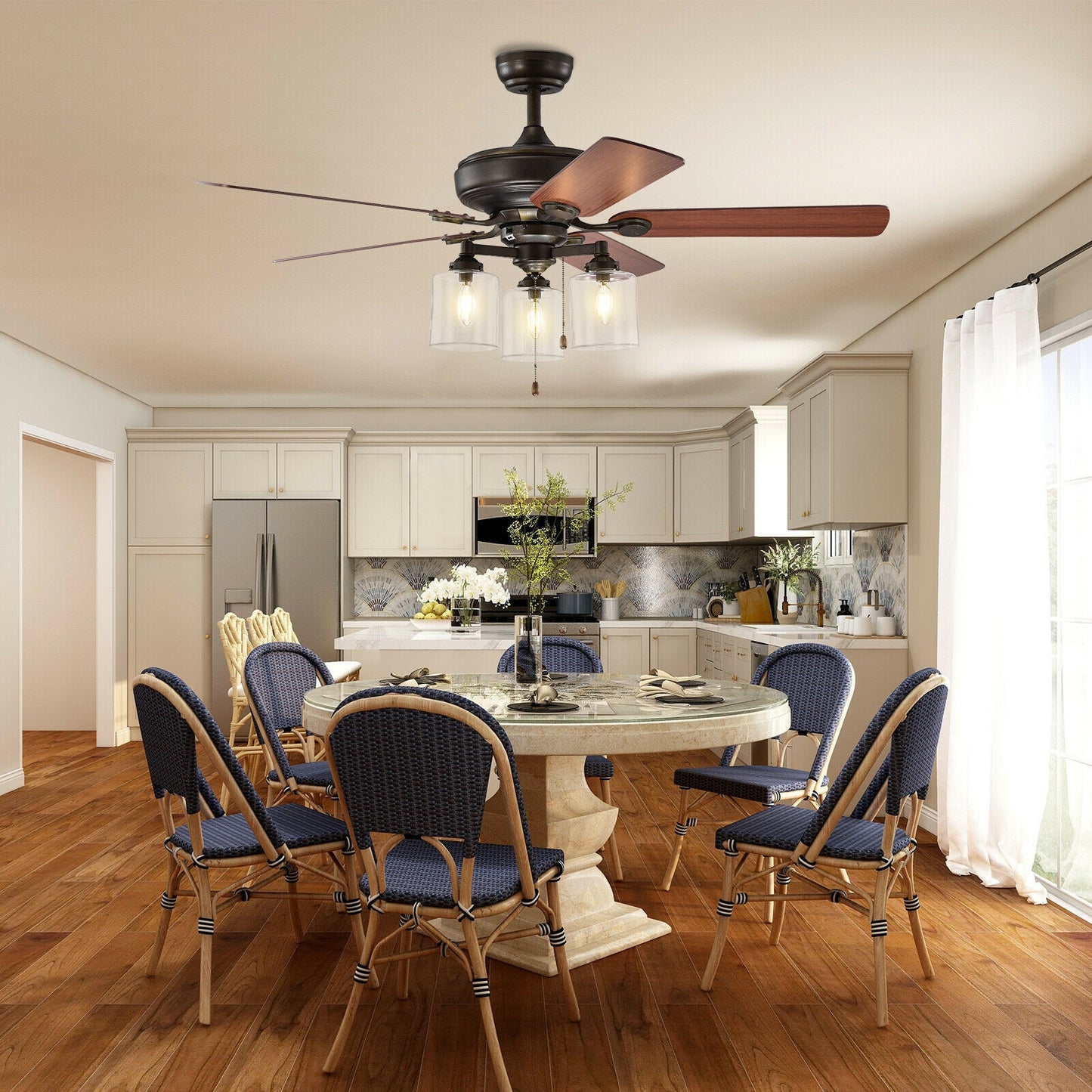 52 Inch Bronze Ceiling Fan with Clear Glass Lampshades, Reversible Blades & Pull Chain Control