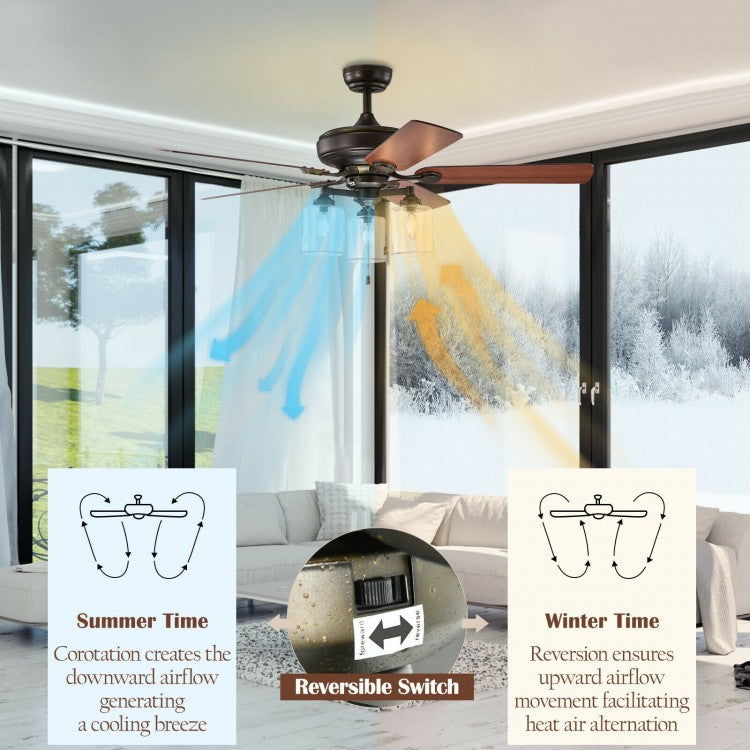 52 Inch Bronze Ceiling Fan with Clear Glass Lampshades, Reversible Blades & Pull Chain Control