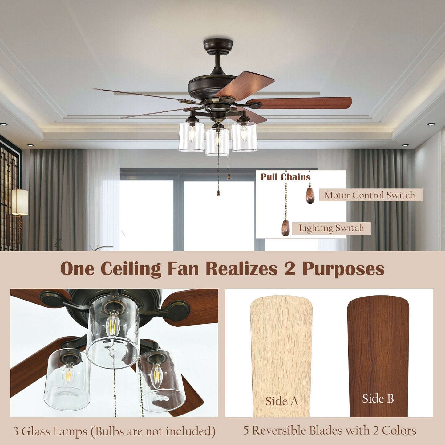 52 Inch Bronze Ceiling Fan with Clear Glass Lampshades, Reversible Blades & Pull Chain Control