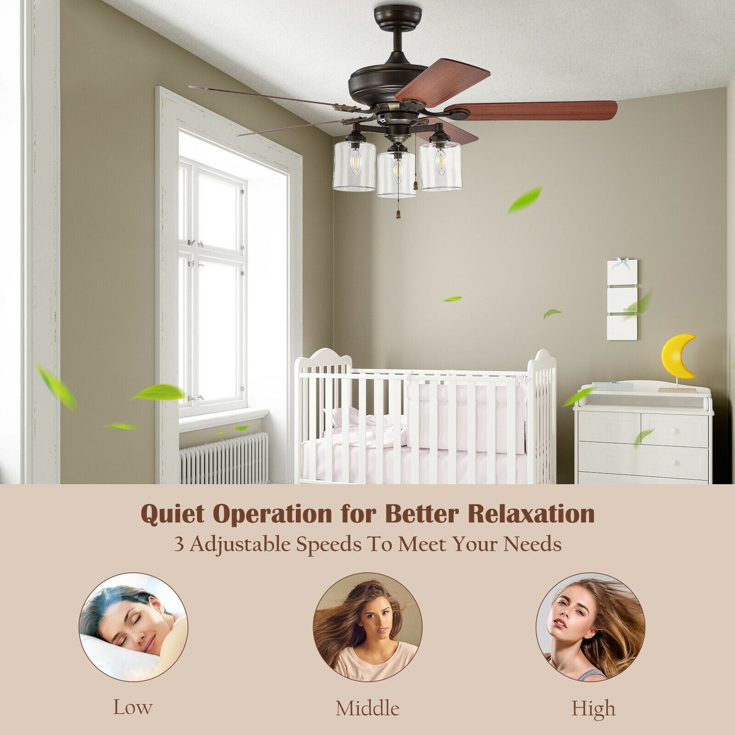 52 Inch Bronze Ceiling Fan with Clear Glass Lampshades, Reversible Blades & Pull Chain Control