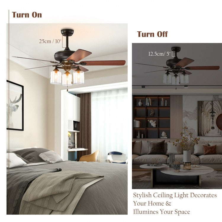 52 Inch Bronze Ceiling Fan with Clear Glass Lampshades, Reversible Blades & Pull Chain Control