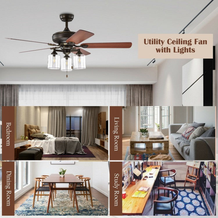 52 Inch Bronze Ceiling Fan with Clear Glass Lampshades, Reversible Blades & Pull Chain Control