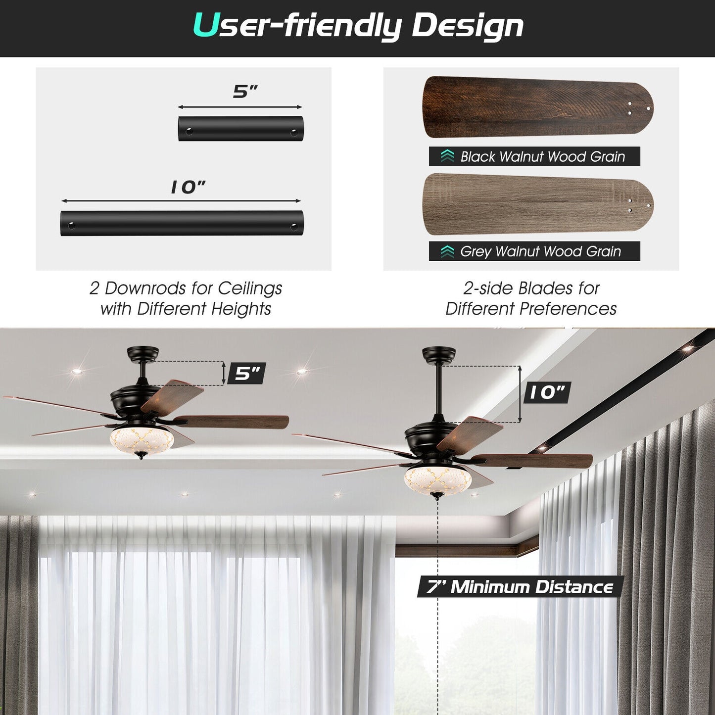 52 Inch Retro Ceiling Fan with 3 Speed Settings & Reversible Dual-Finish Blades – Black