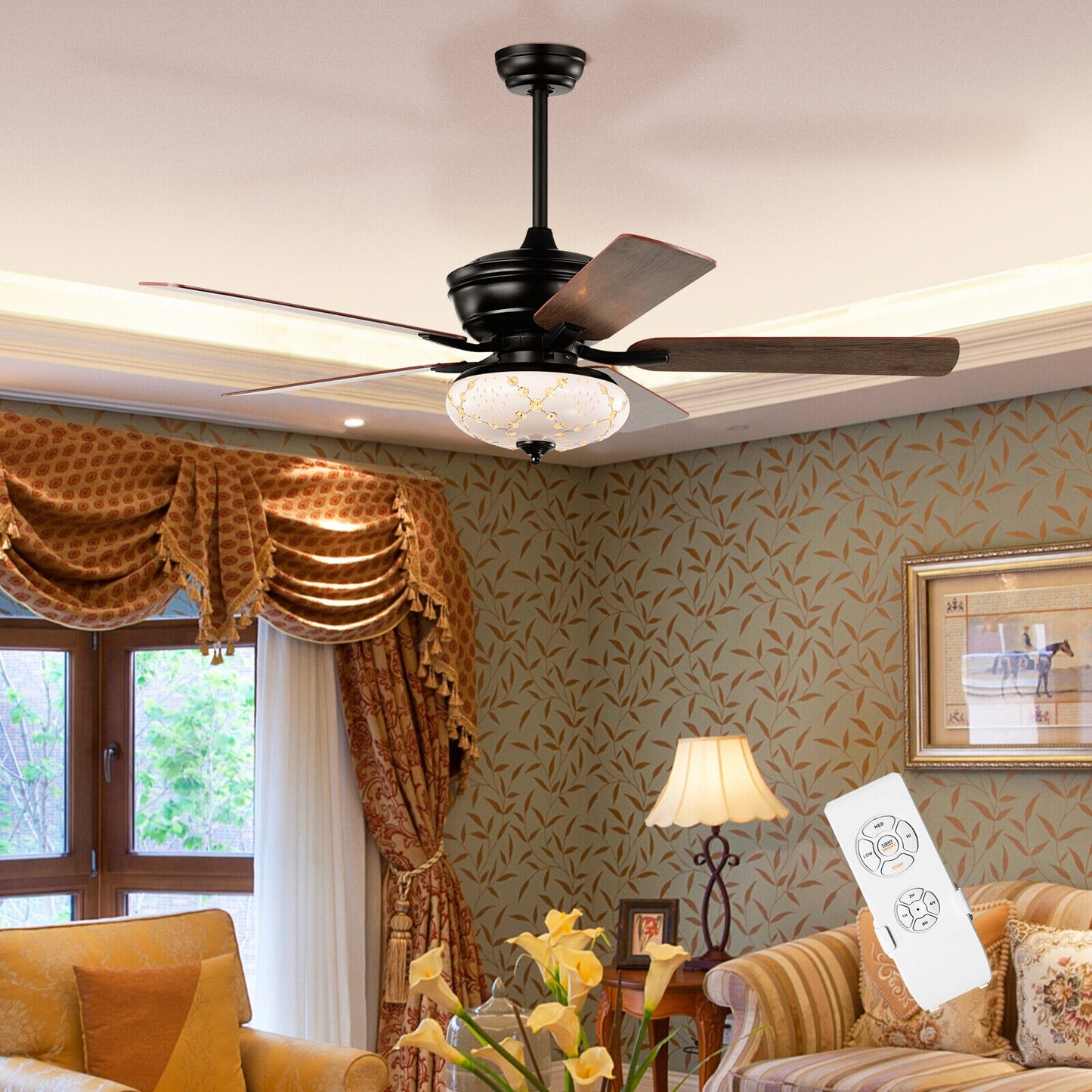 52 Inch Retro Ceiling Fan with 3 Speed Settings & Reversible Dual-Finish Blades – Black