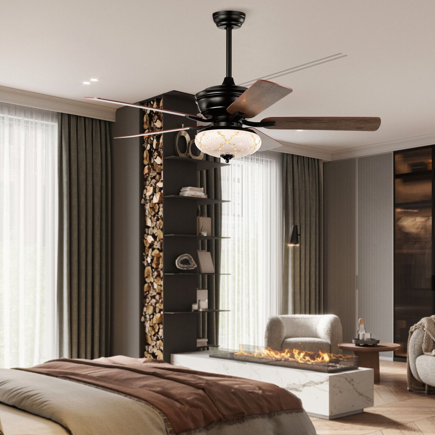 52 Inch Retro Ceiling Fan with 3 Speed Settings & Reversible Dual-Finish Blades – Black