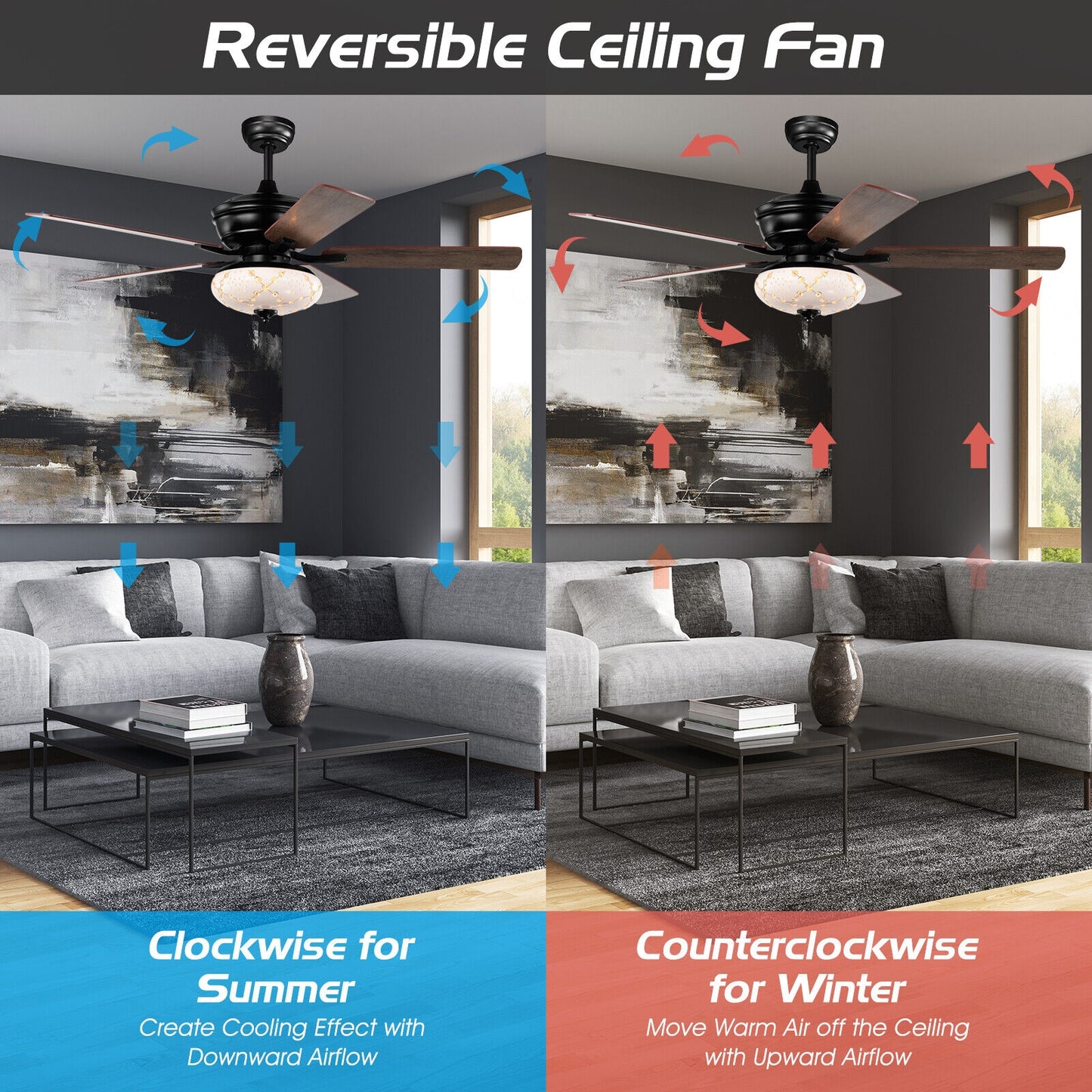 52 Inch Retro Ceiling Fan with 3 Speed Settings & Reversible Dual-Finish Blades – Black