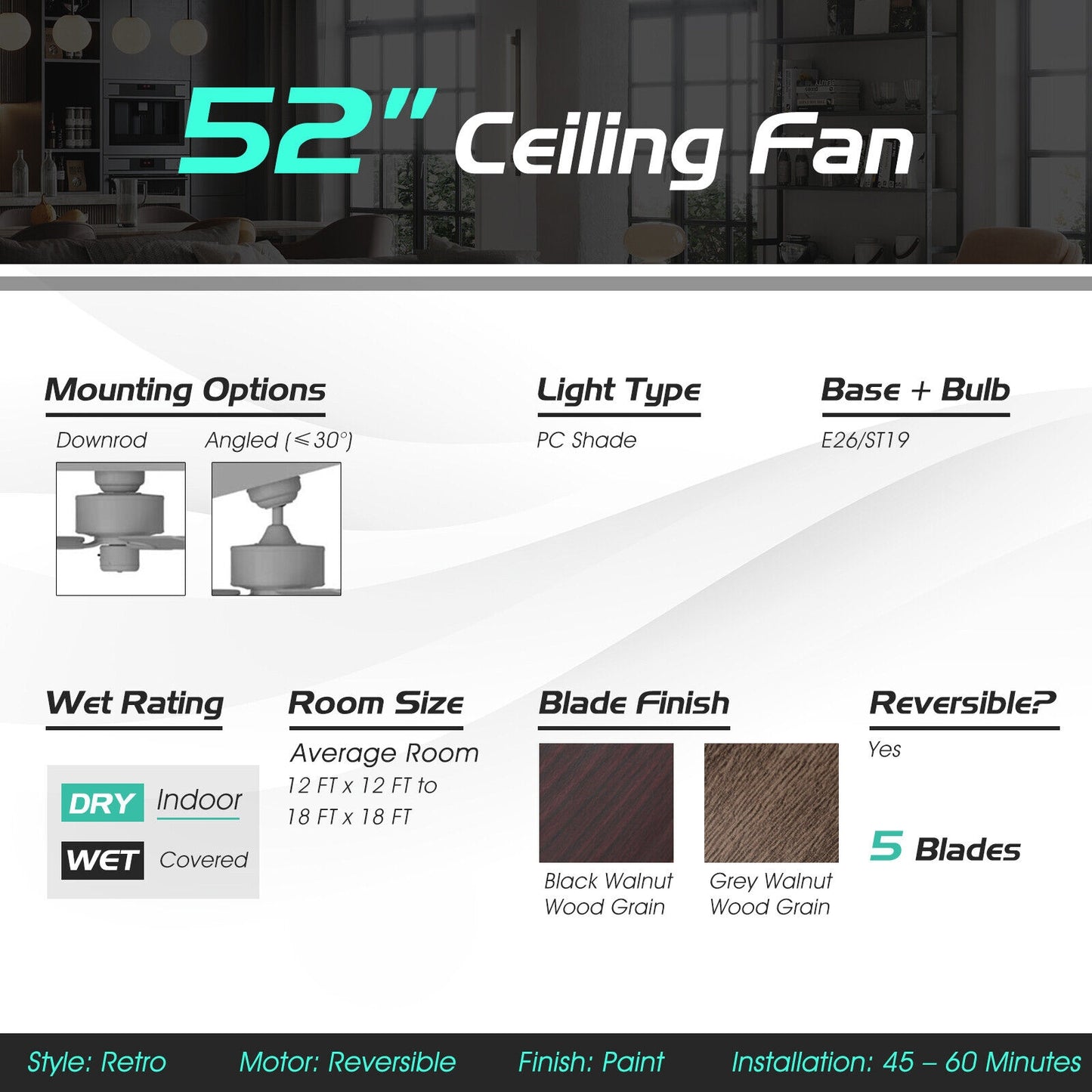 52 Inch Retro Ceiling Fan with 3 Speed Settings & Reversible Dual-Finish Blades – Black