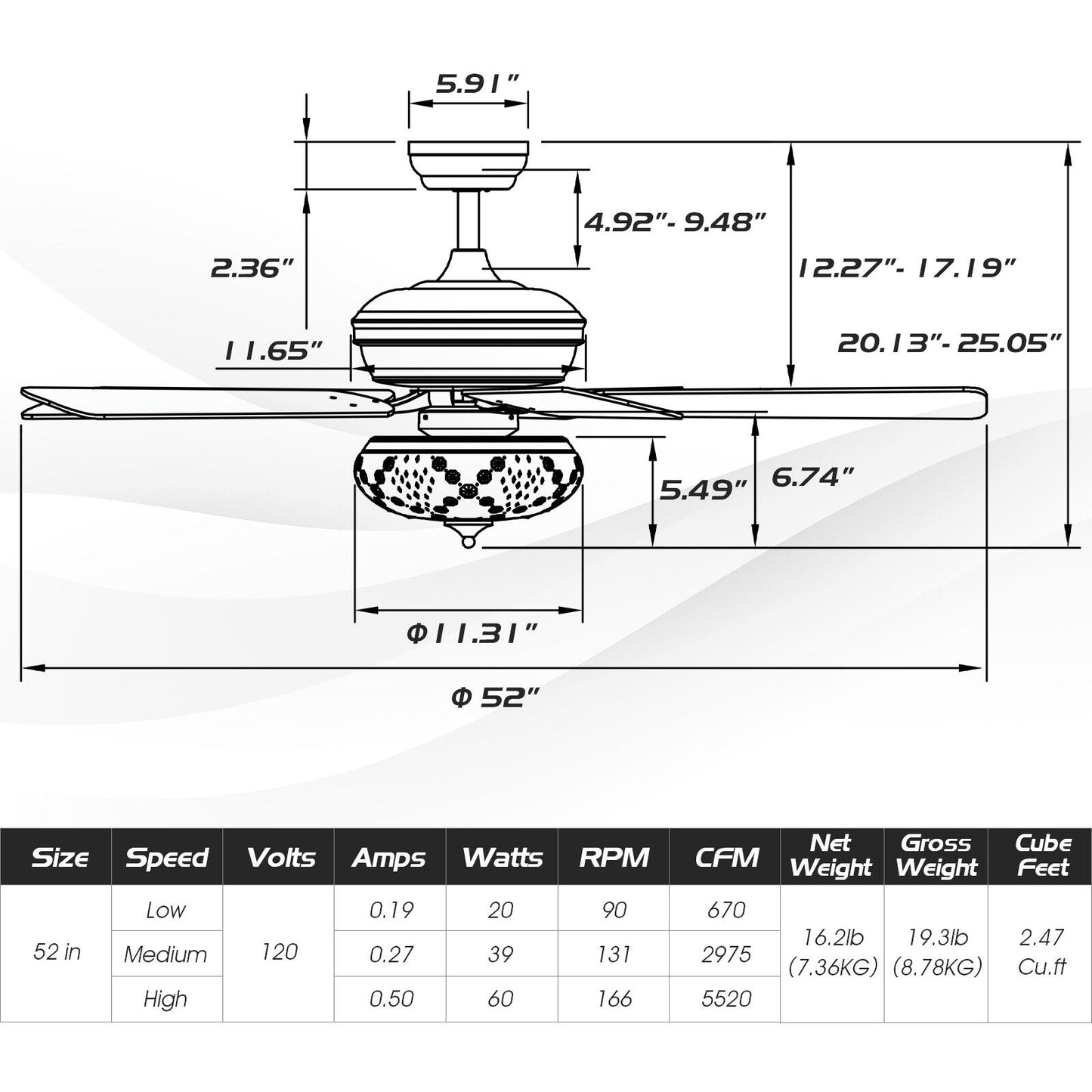 52 Inch Retro Ceiling Fan with 3 Speed Settings & Reversible Dual-Finish Blades – Grey
