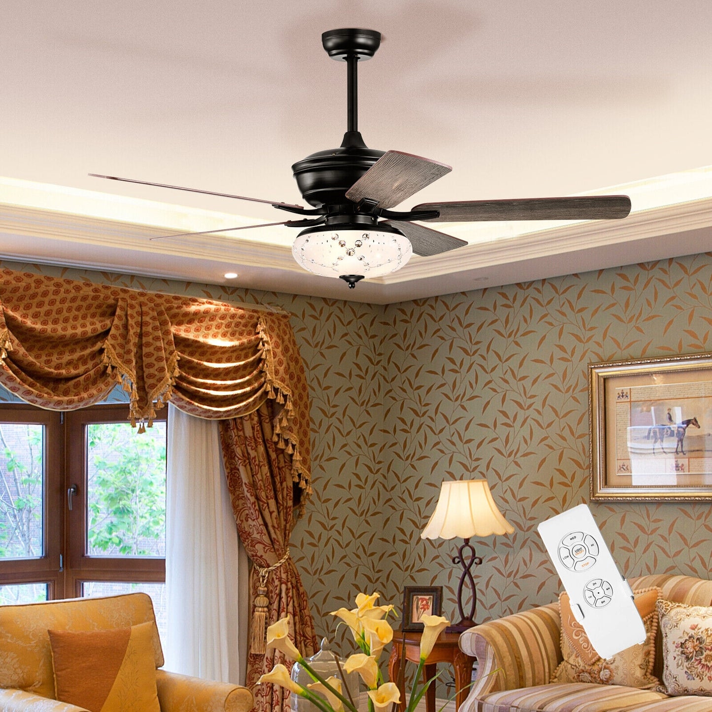 52 Inch Retro Ceiling Fan with 3 Speed Settings & Reversible Dual-Finish Blades – Grey