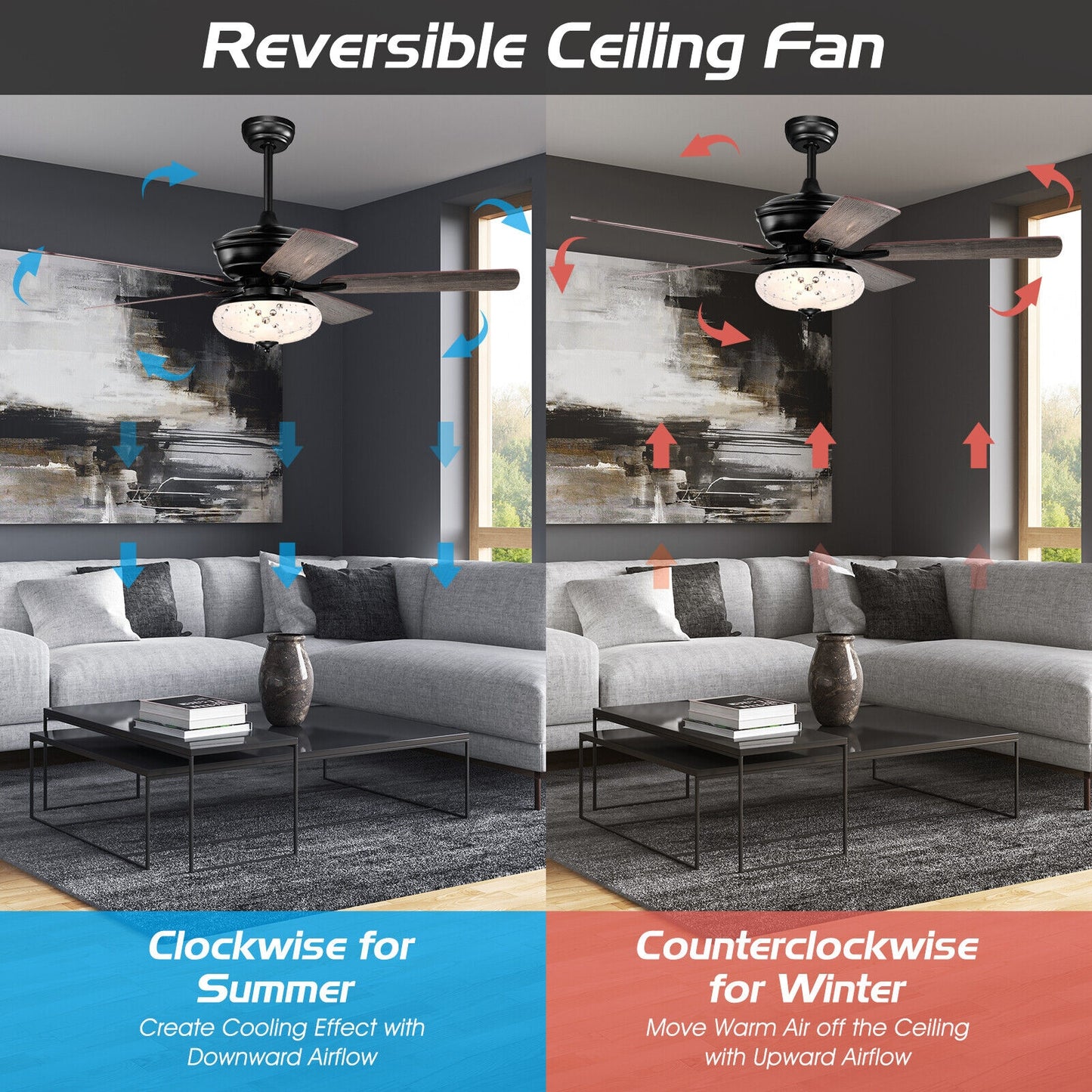 52 Inch Retro Ceiling Fan with 3 Speed Settings & Reversible Dual-Finish Blades – Grey