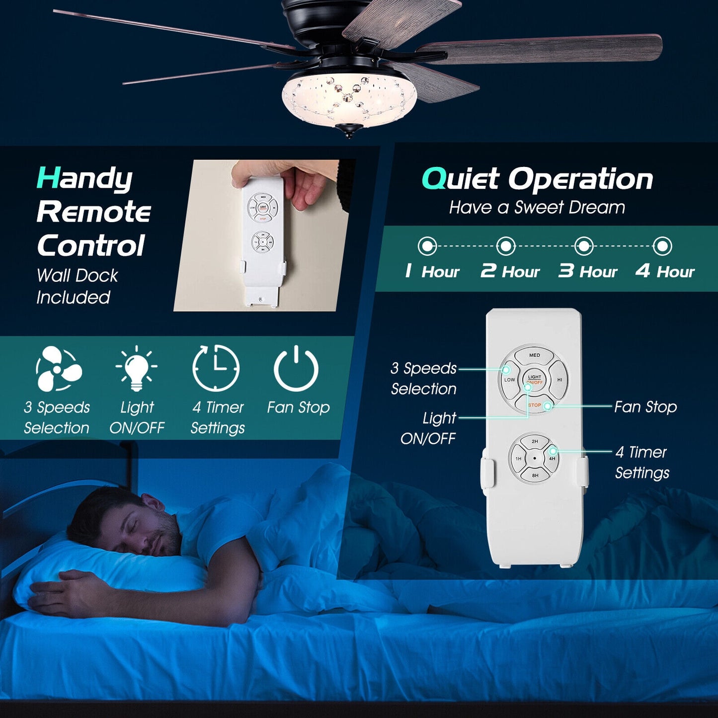 52 Inch Retro Ceiling Fan with 3 Speed Settings & Reversible Dual-Finish Blades – Grey