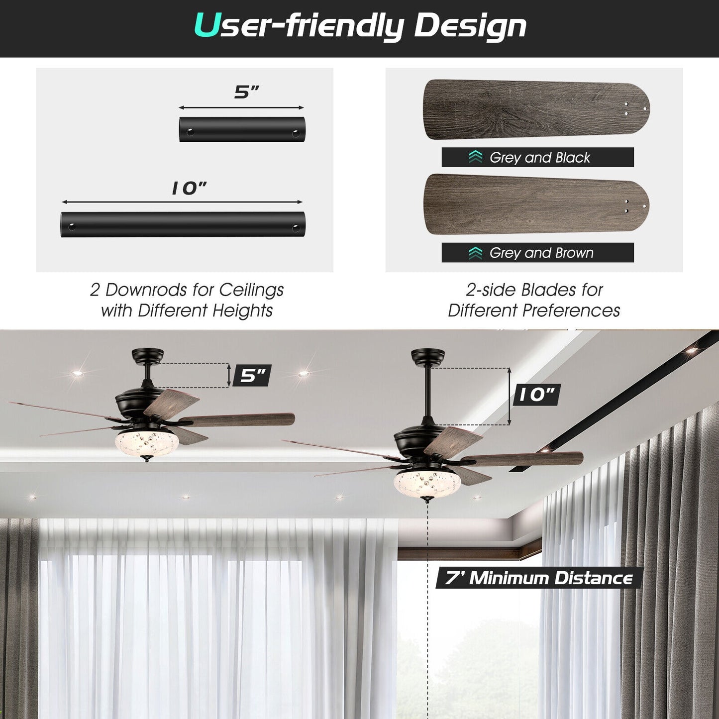 52 Inch Retro Ceiling Fan with 3 Speed Settings & Reversible Dual-Finish Blades – Grey