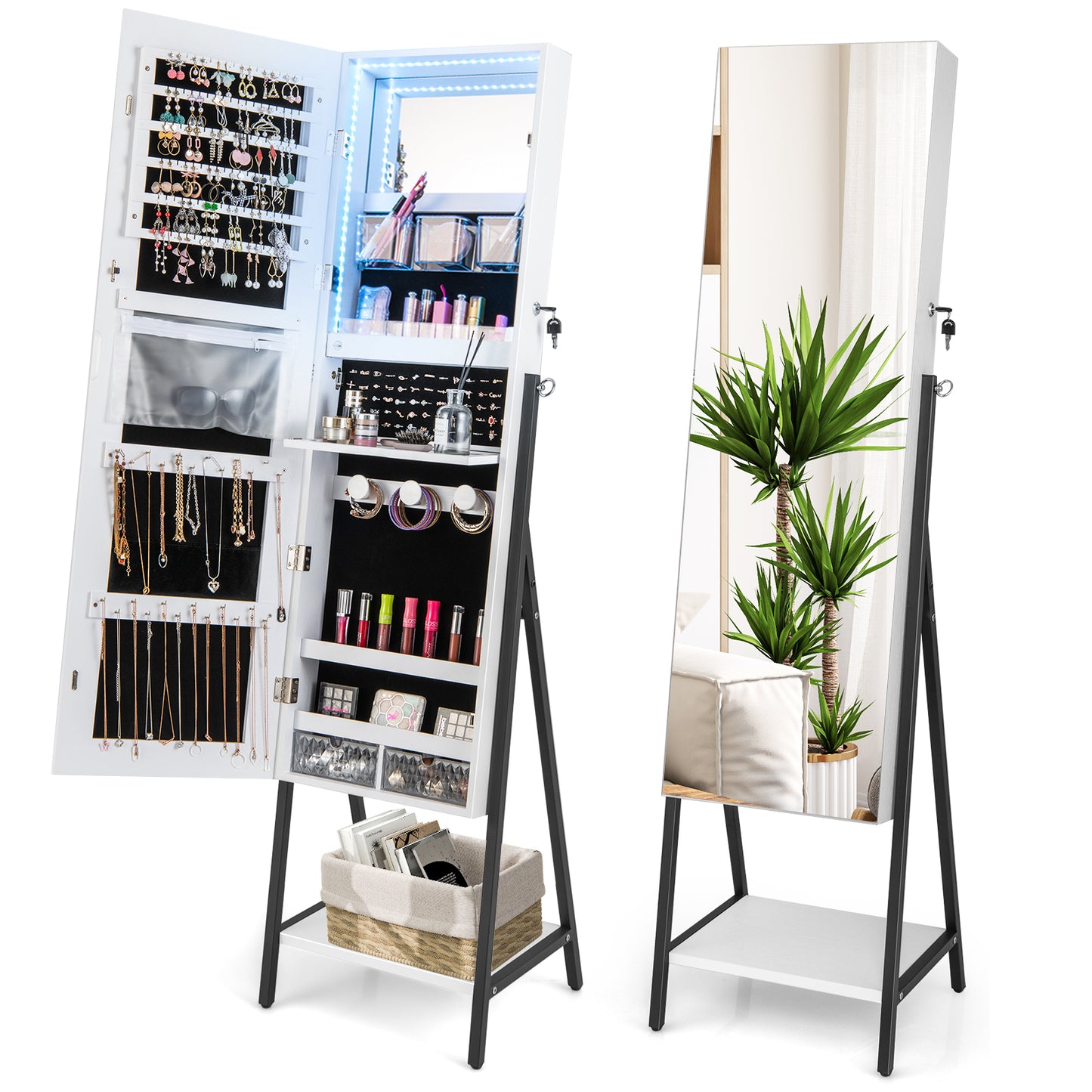 Full-Length Mirror Jewelry Armoire with LED Lights and Lockable Storage – White