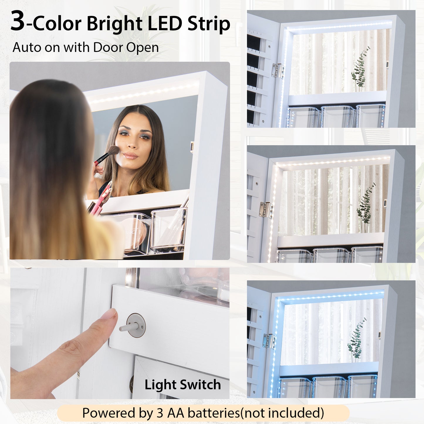 Full-Length Mirror Jewelry Armoire with LED Lights and Lockable Storage – White