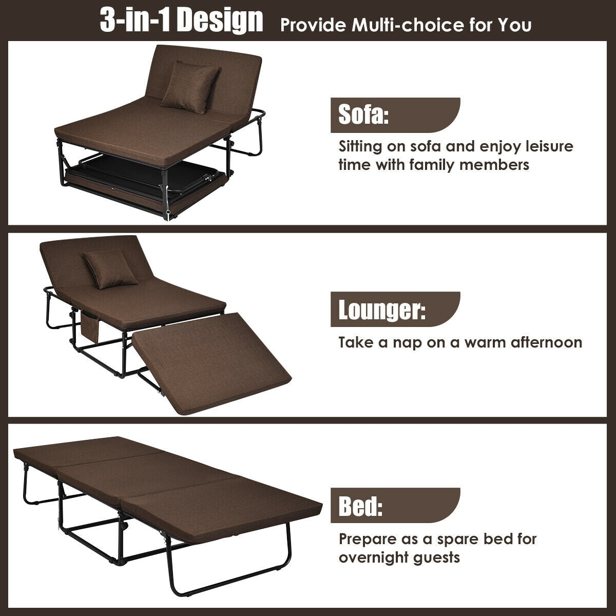 6 Position Adjustable Folding Guest Bed with Comfortable Mattress