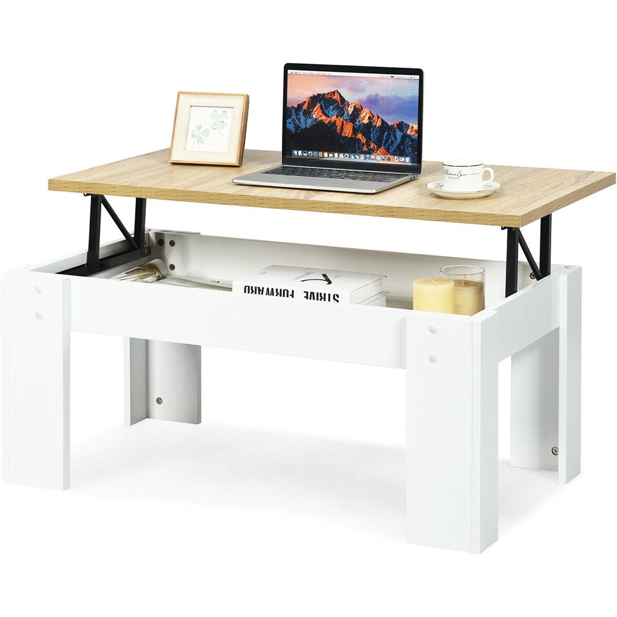 Lift Top Coffee Table with Hidden Storage Compartment in White Finish