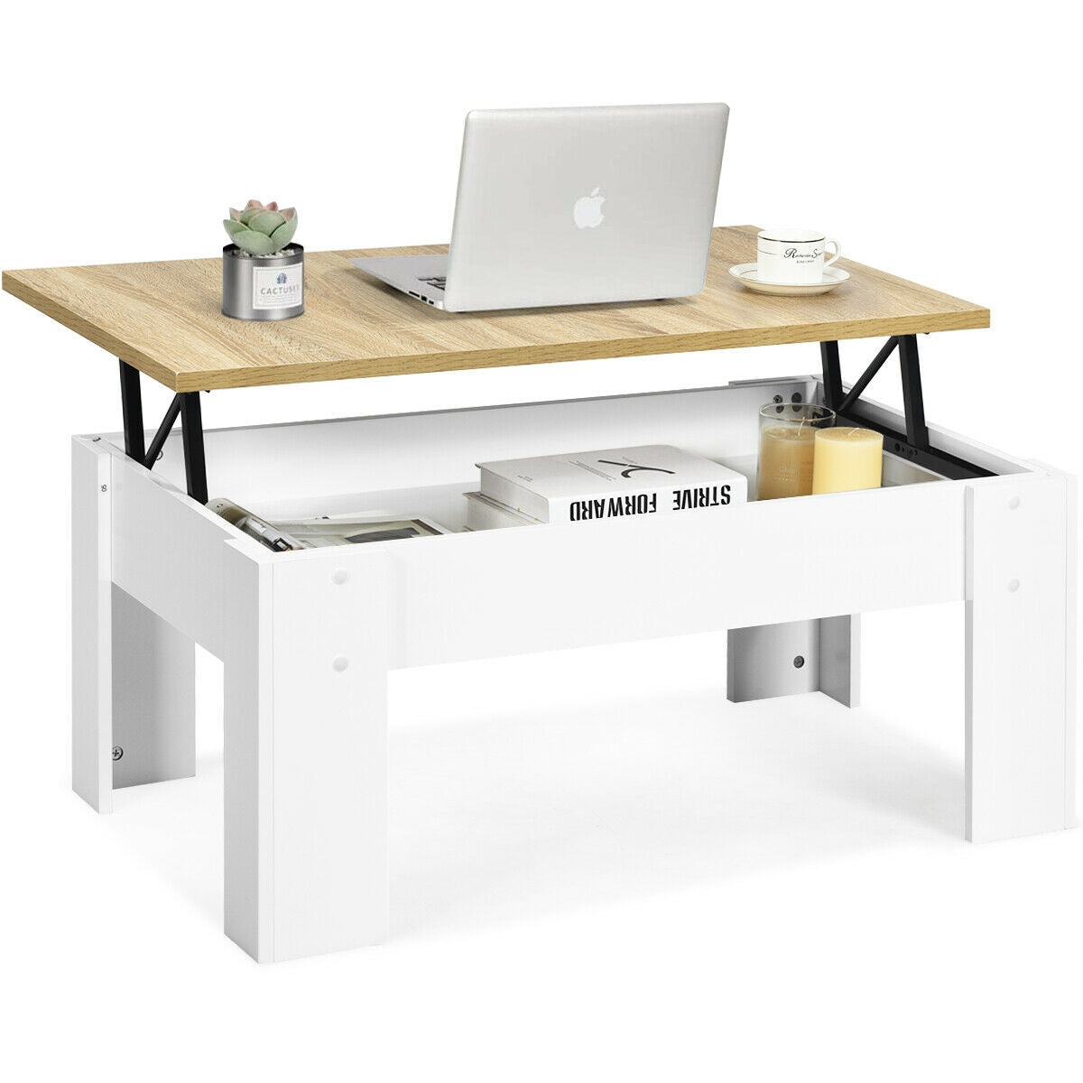 Lift Top Coffee Table with Hidden Storage Compartment in White Finish