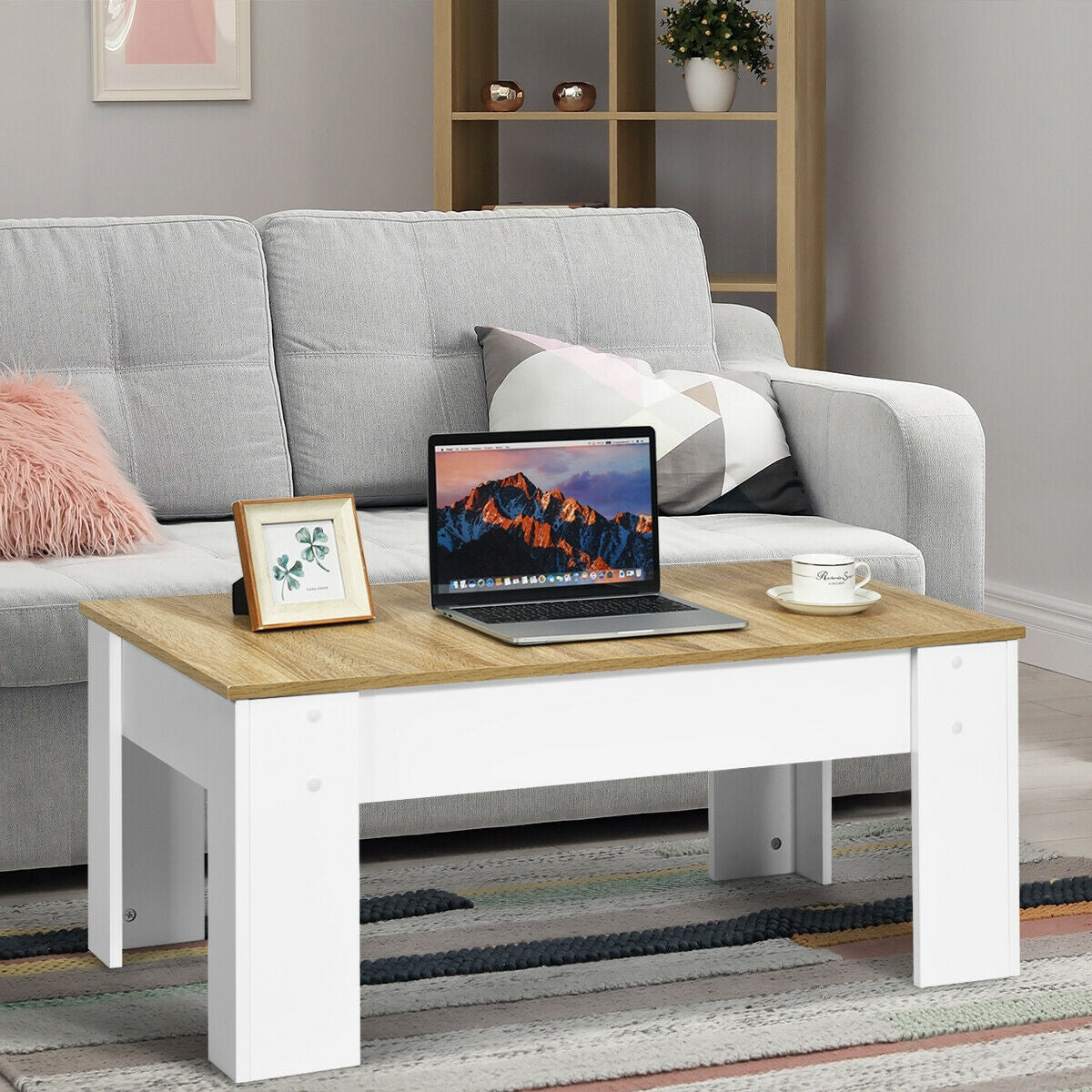 Lift Top Coffee Table with Hidden Storage Compartment in White Finish