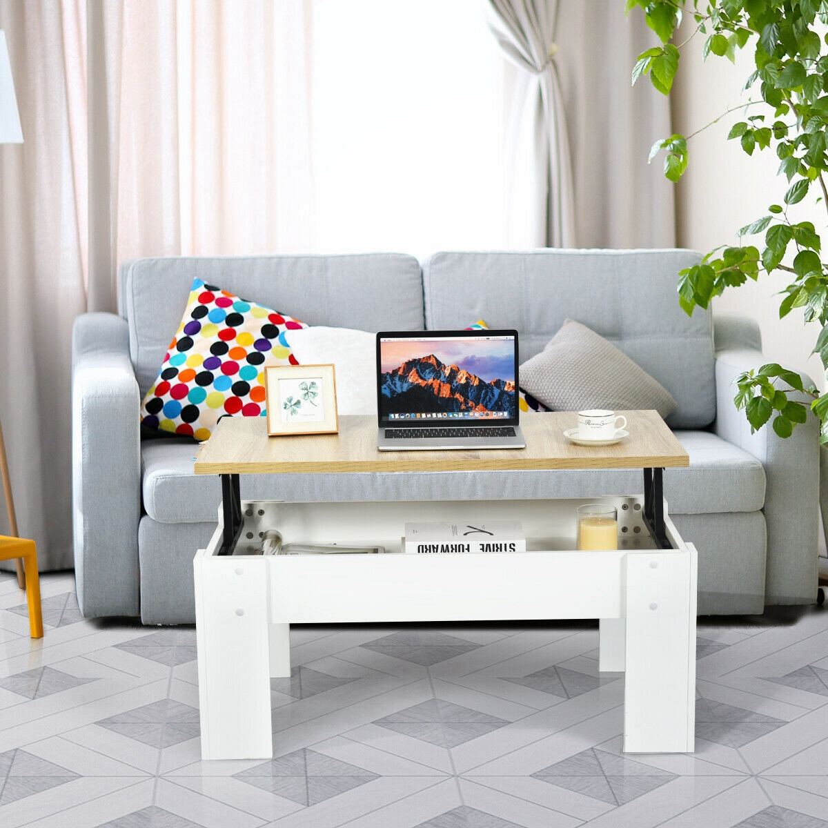 Lift Top Coffee Table with Hidden Storage Compartment in White Finish