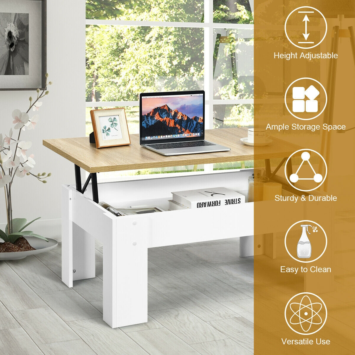 Lift Top Coffee Table with Hidden Storage Compartment in White Finish
