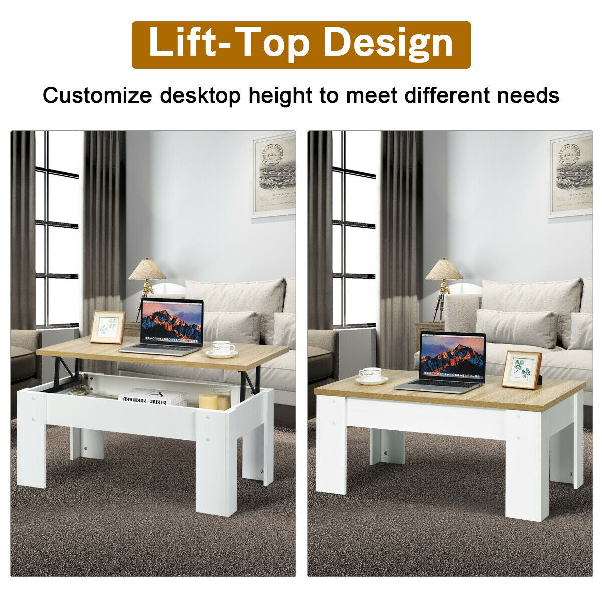 Lift Top Coffee Table with Hidden Storage Compartment in White Finish