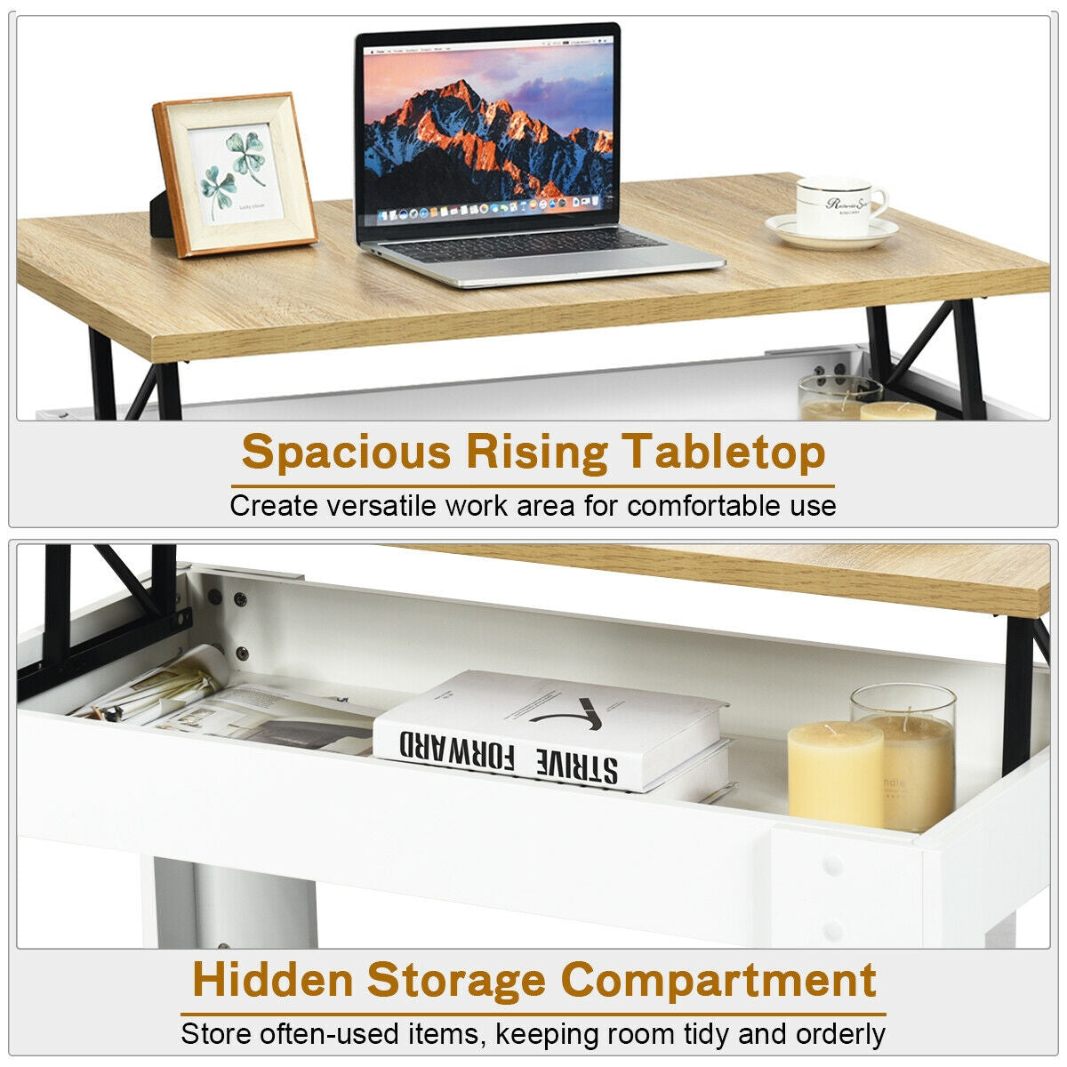 Lift Top Coffee Table with Hidden Storage Compartment in White Finish