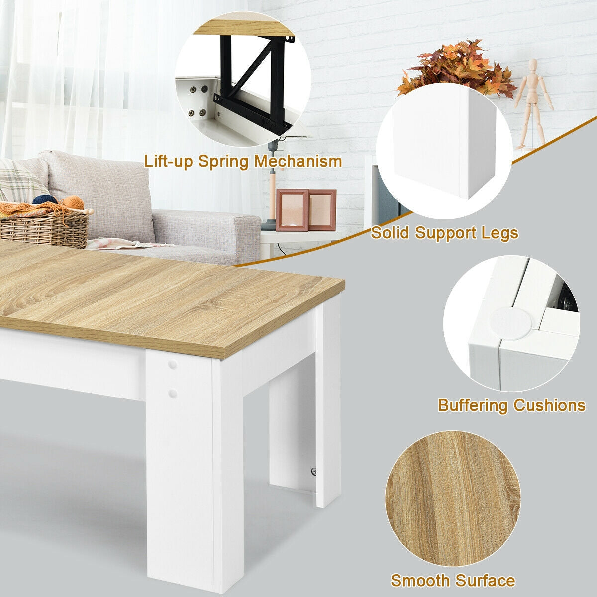 Lift Top Coffee Table with Hidden Storage Compartment in White Finish