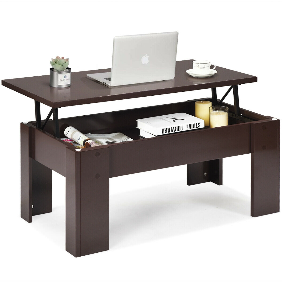 Lift Top Coffee Table with Hidden Storage Compartment in Brown Finish