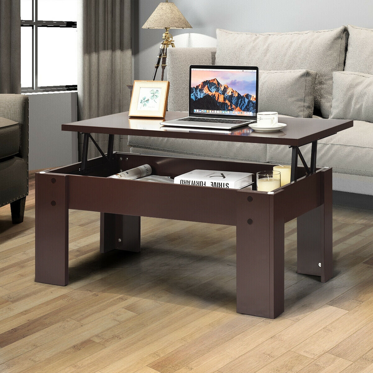 Lift Top Coffee Table with Hidden Storage Compartment in Brown Finish
