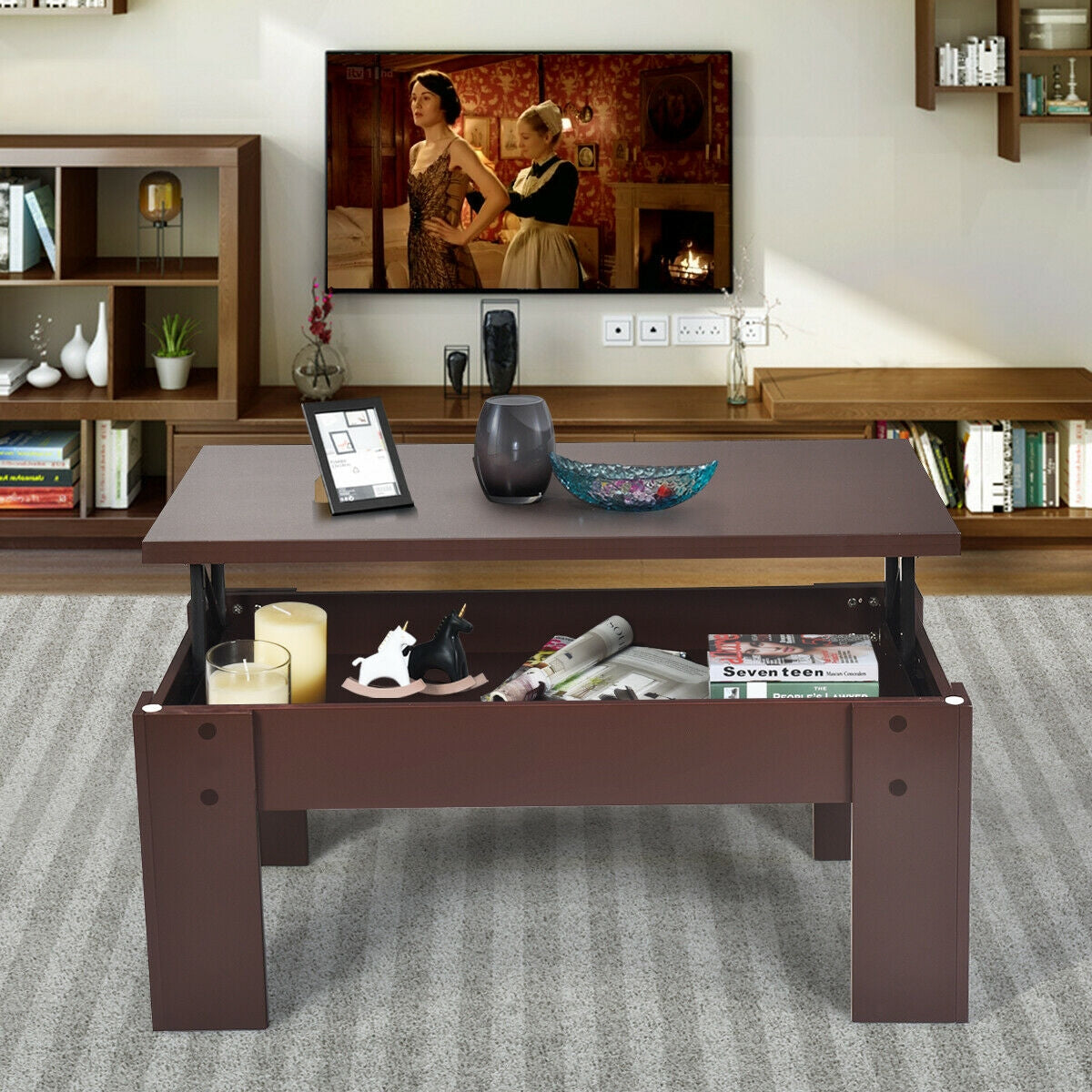 Lift Top Coffee Table with Hidden Storage Compartment in Brown Finish