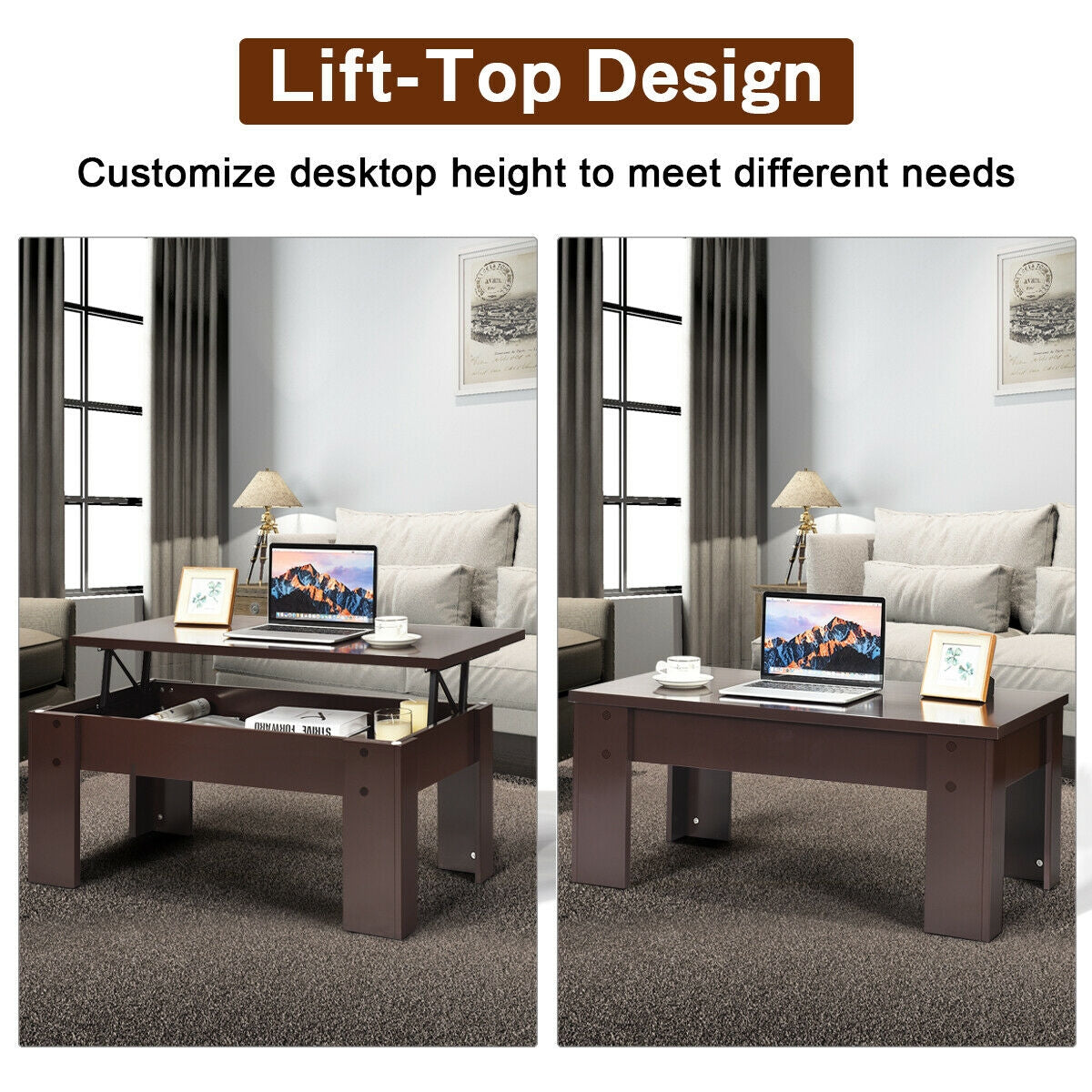 Lift Top Coffee Table with Hidden Storage Compartment in Brown Finish