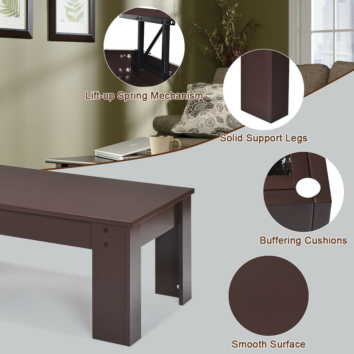 Lift Top Coffee Table with Hidden Storage Compartment in Brown Finish