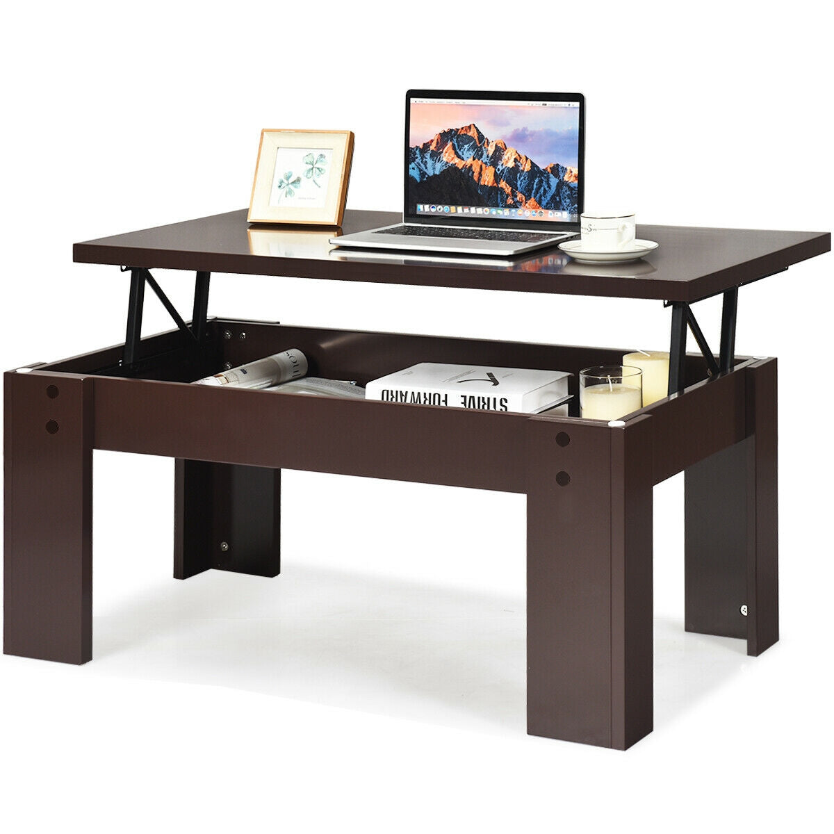 Lift Top Coffee Table with Hidden Storage Compartment in Brown Finish