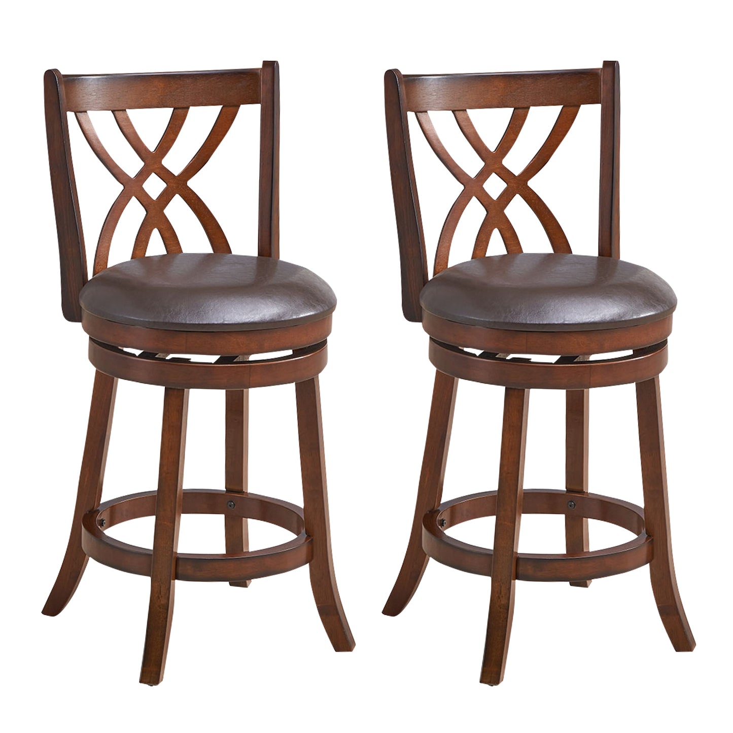 Set of 2 PU Leather 26 Inch Swivel Bar Stools with Footrests and Wooden Backrest
