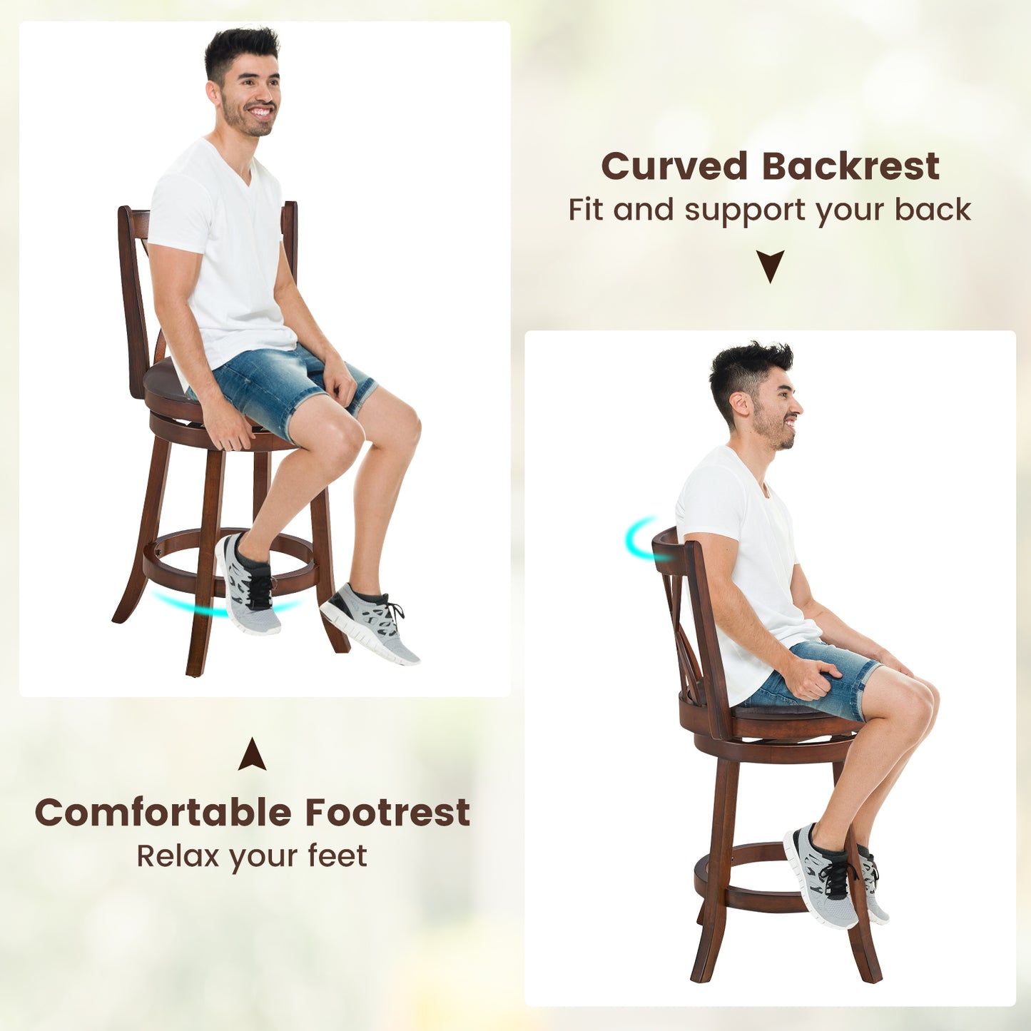 Set of 2 PU Leather 30 Inch Swivel Bar Stools with Footrests and Wooden Backrest