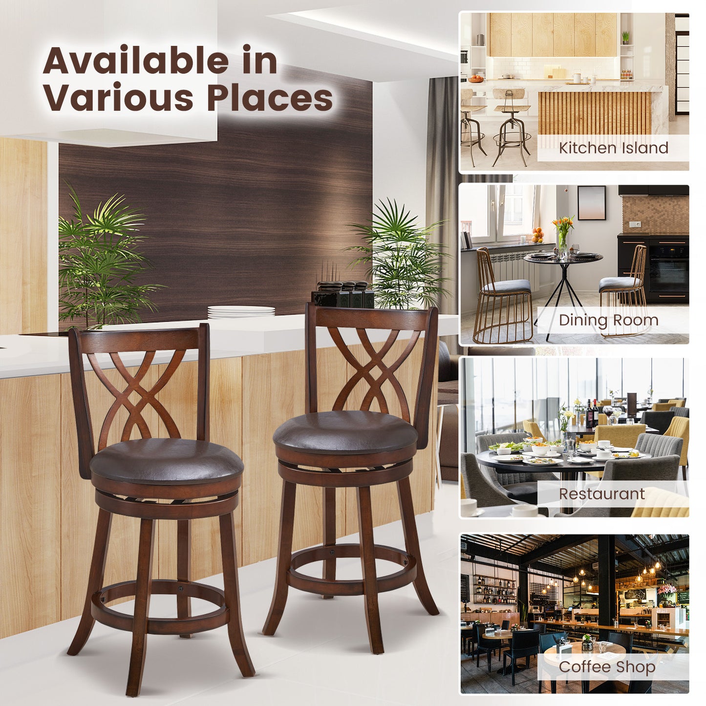 Set of 2 PU Leather 26 Inch Swivel Bar Stools with Footrests and Wooden Backrest