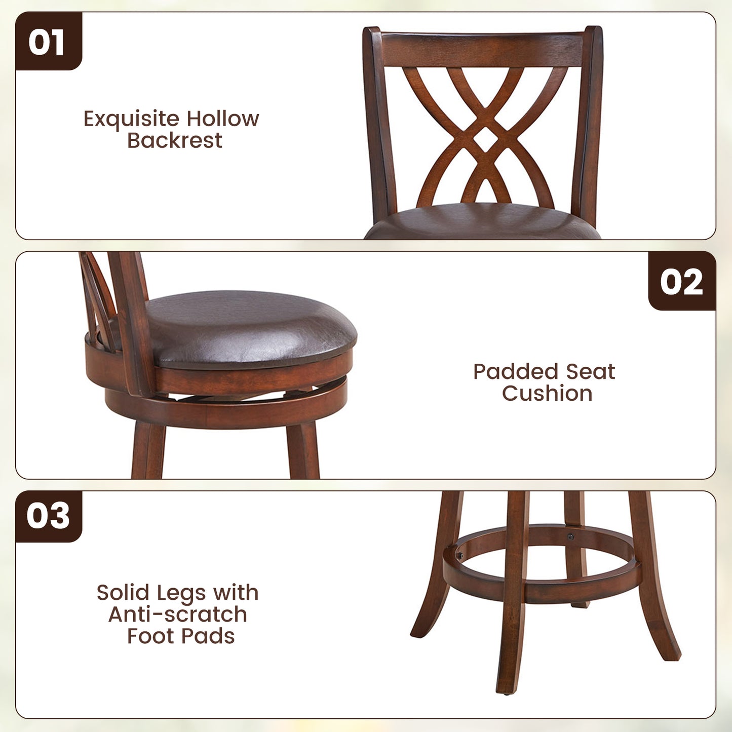 Set of 2 PU Leather 26 Inch Swivel Bar Stools with Footrests and Wooden Backrest