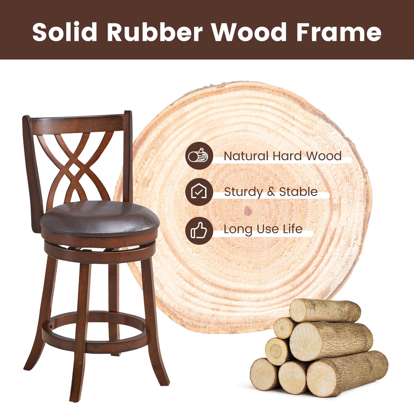 Set of 2 PU Leather 26 Inch Swivel Bar Stools with Footrests and Wooden Backrest
