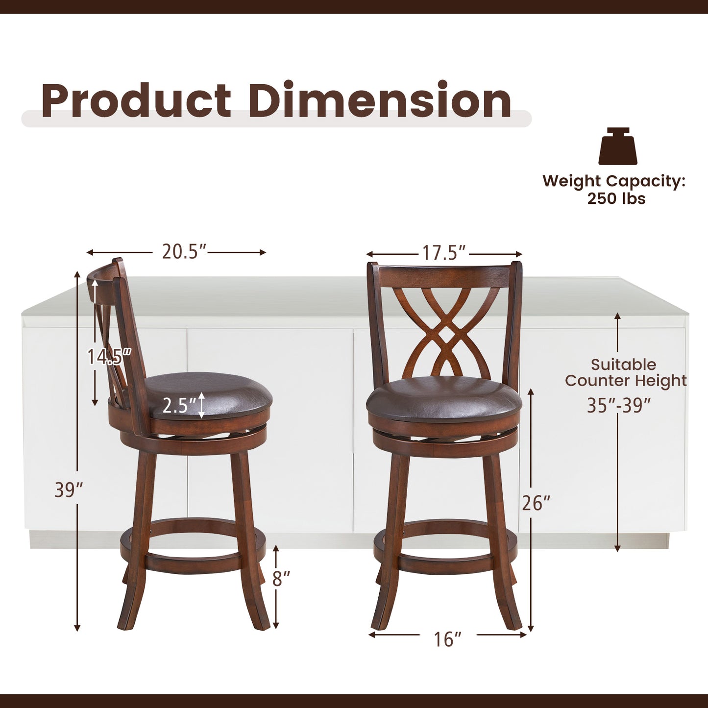 Set of 2 PU Leather 26 Inch Swivel Bar Stools with Footrests and Wooden Backrest