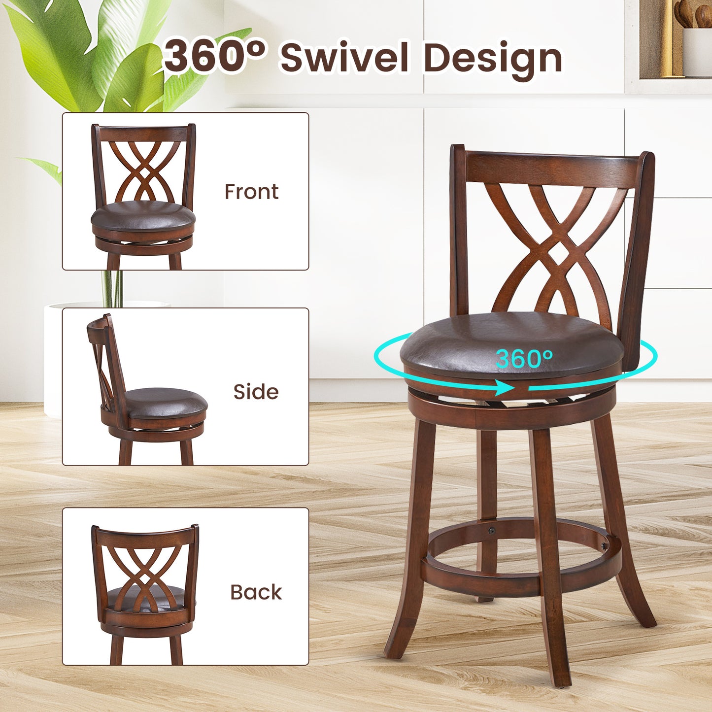 Set of 2 PU Leather 26 Inch Swivel Bar Stools with Footrests and Wooden Backrest