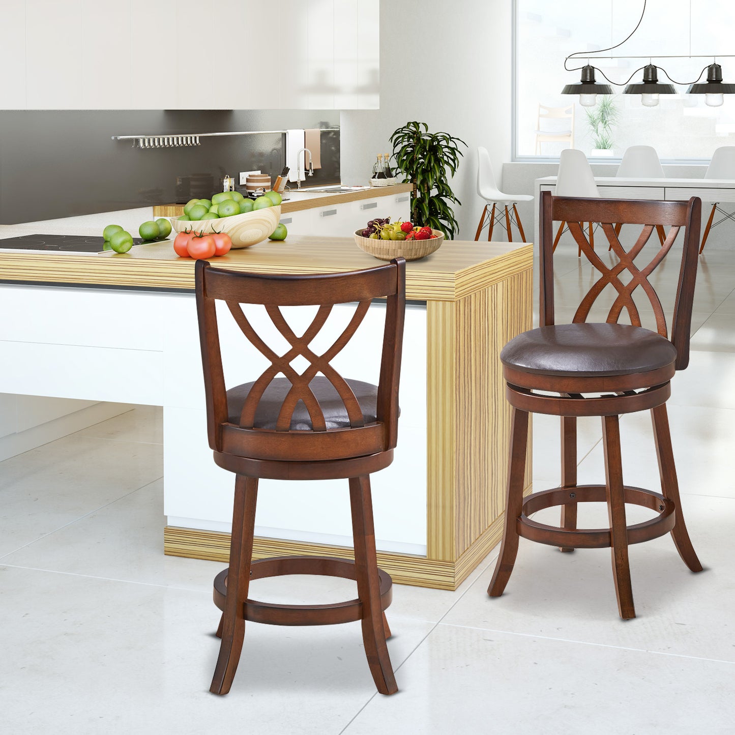 Set of 2 PU Leather 26 Inch Swivel Bar Stools with Footrests and Wooden Backrest
