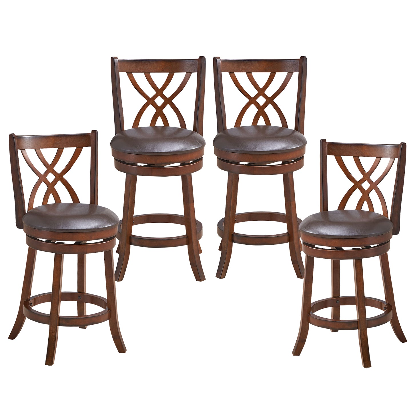 Set of 2 PU Leather 26 Inch Swivel Bar Stools with Footrests and Wooden Backrest