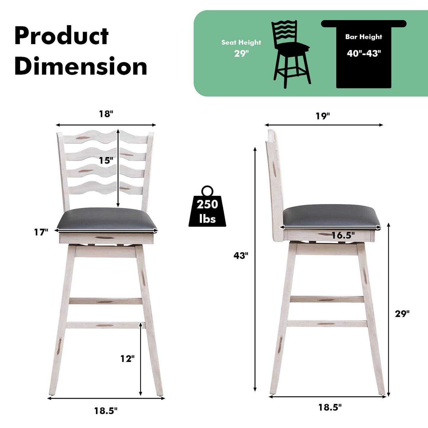 Pair of 29 Inch Swivel Bar Stools with Rubber Wood Frame and Ergonomic Backrest with Footrest