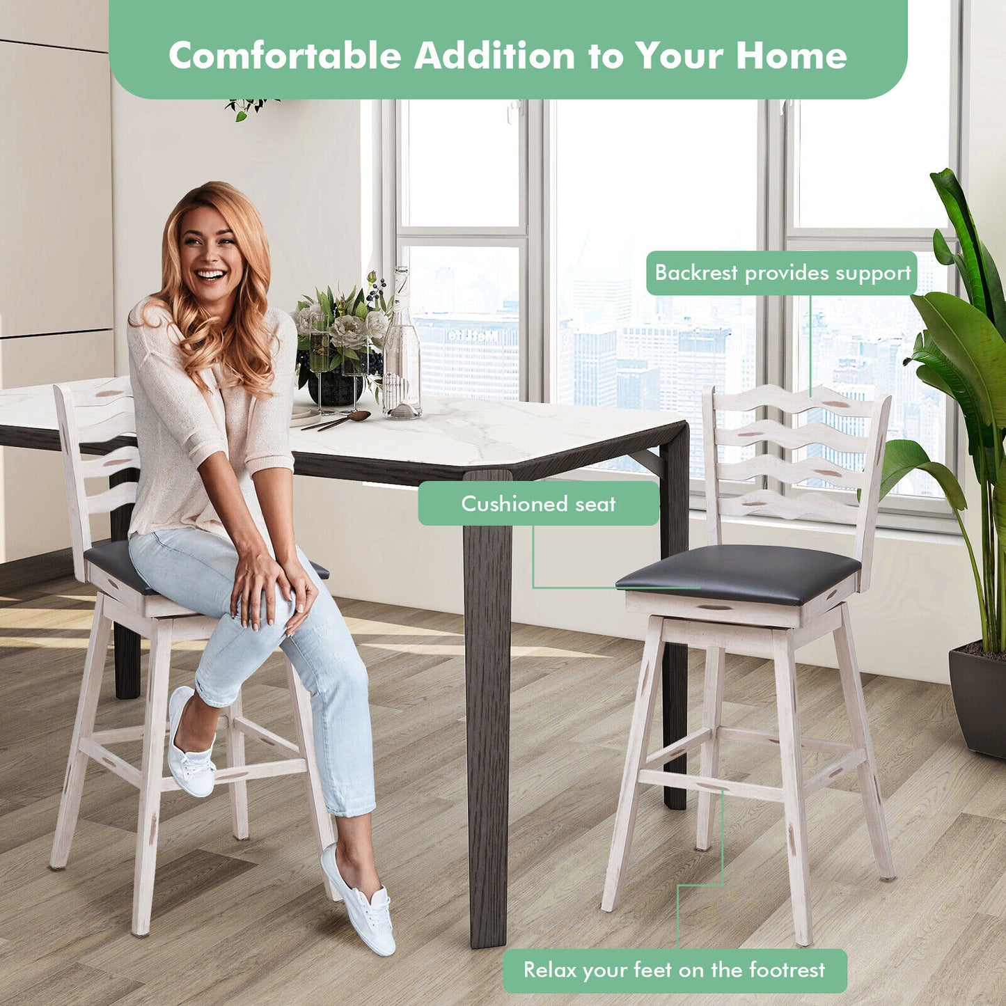 Pair of 29 Inch Swivel Bar Stools with Rubber Wood Frame and Ergonomic Backrest with Footrest