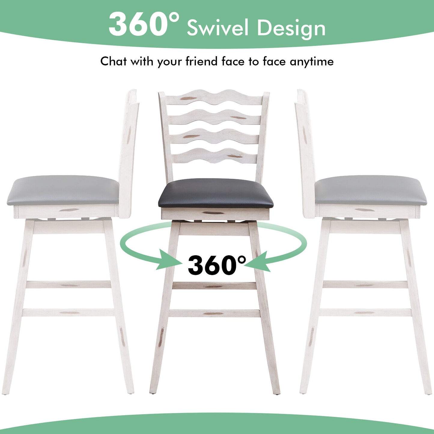 Pair of 29 Inch Swivel Bar Stools with Rubber Wood Frame and Ergonomic Backrest with Footrest