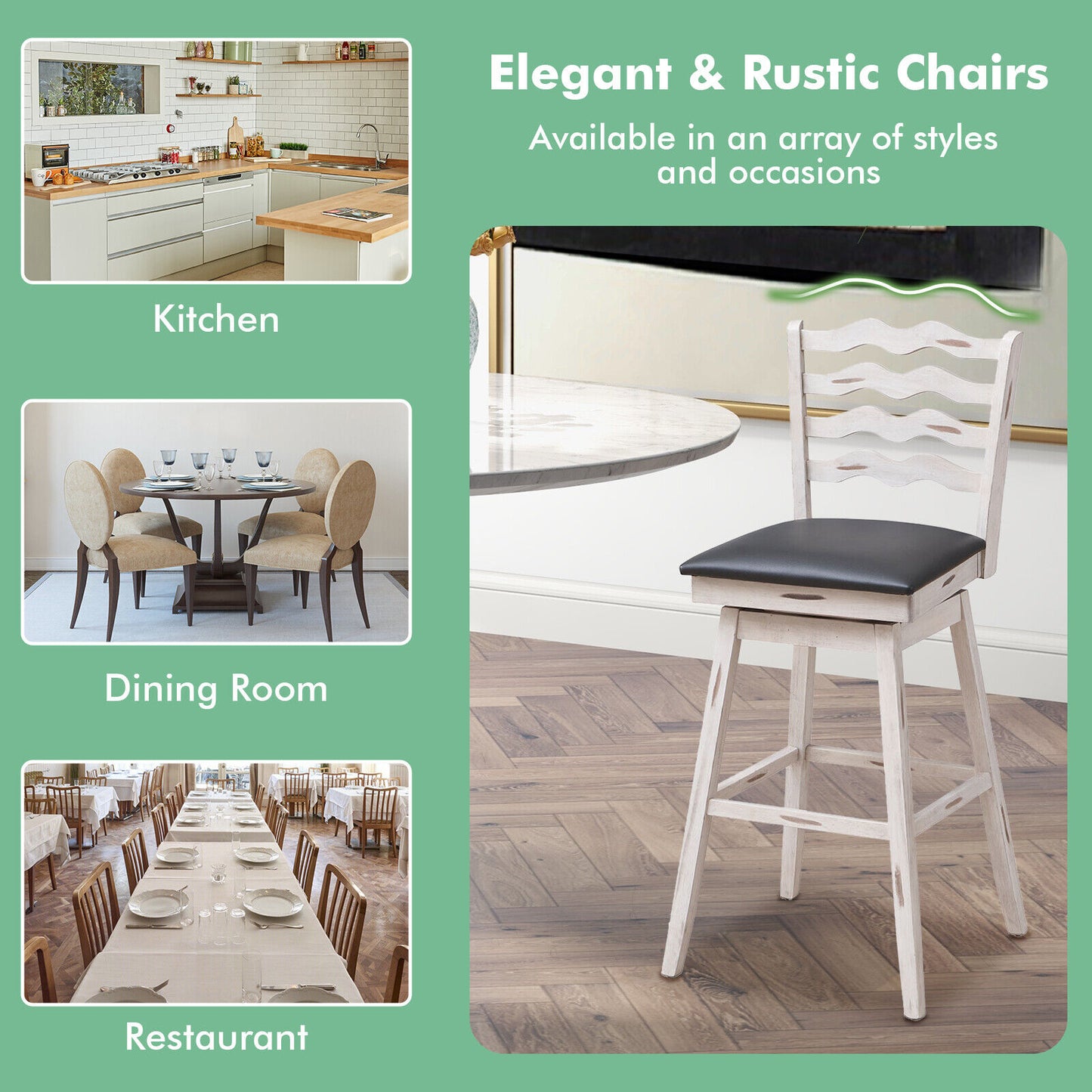 Pair of 29 Inch Swivel Bar Stools with Rubber Wood Frame and Ergonomic Backrest with Footrest