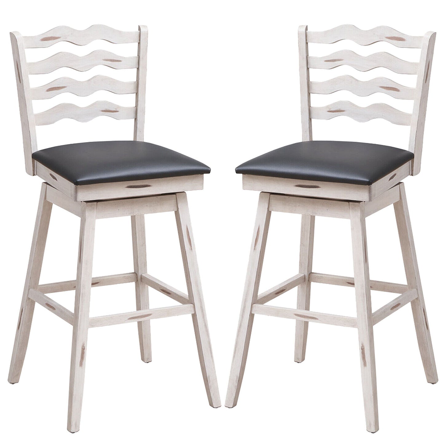 Pair of 29 Inch Swivel Bar Stools with Rubber Wood Frame and Ergonomic Backrest with Footrest