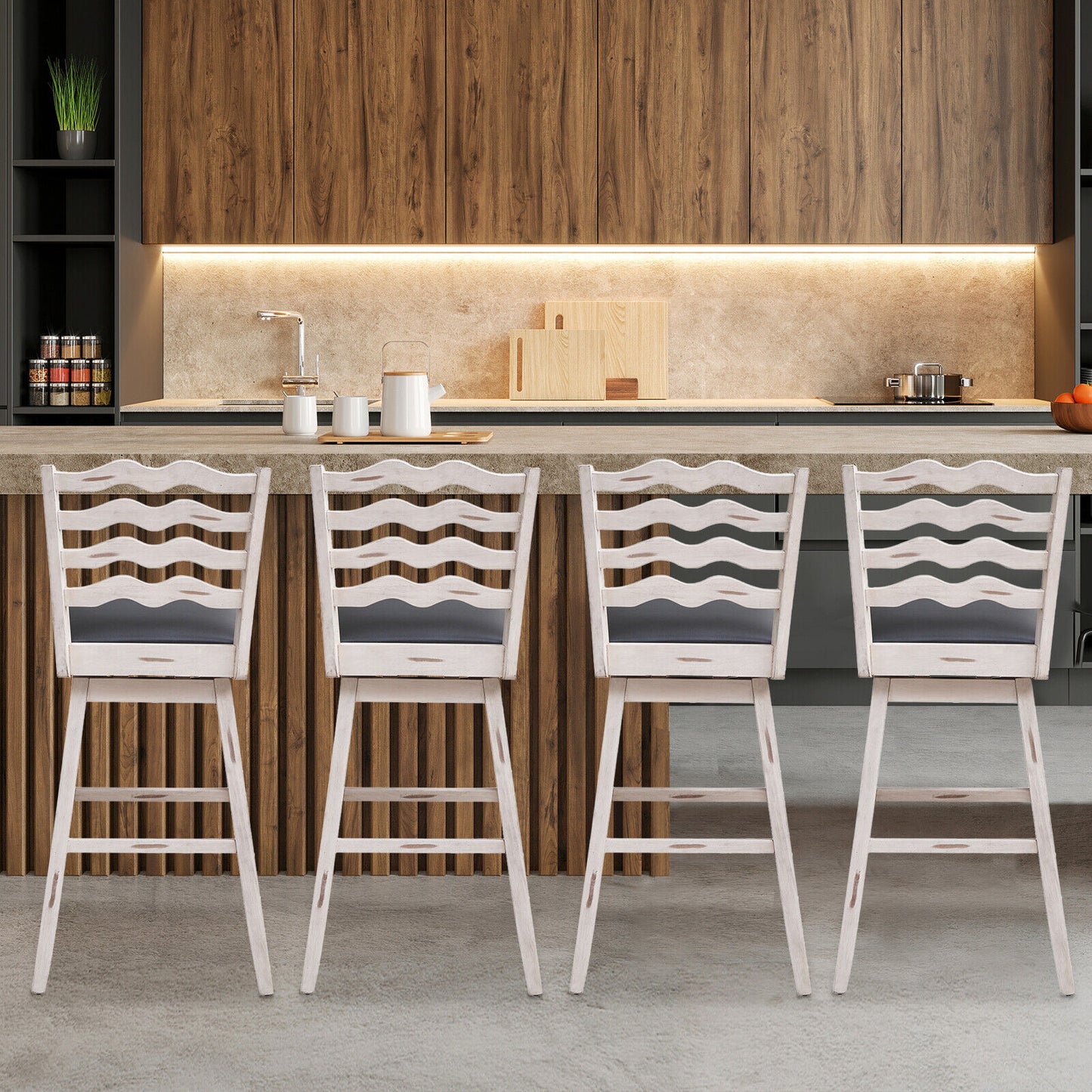Pair of 29 Inch Swivel Bar Stools with Rubber Wood Frame and Ergonomic Backrest with Footrest